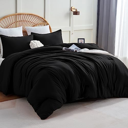 CozyLux Queen Comforter Set Black, ensemble de 3 comforters légers Queen Size, ensembles de literie matelassés, comforter uni respirant toutes saisons en alternative au duvet avec 2 taies d'oreiller, ensemble de lit doux pour la maison