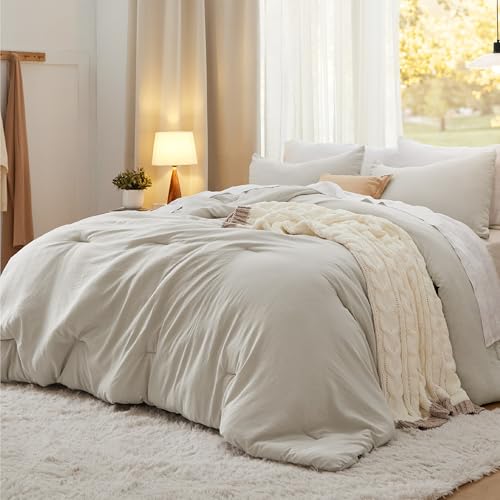 Bedsure Queen Comforter Set, Beige Soft Prewashed Bedding for All Seasons, ensemble de lit GentleSoft™ 3 pièces, 1 comforter léger (90"x90") et 2 taies d'oreiller (20"x26")