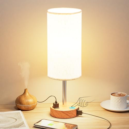 Fenmzee Bedside Table Lamp for Bedroom - Lampe tactile à intensité variable 3 niveaux avec ports de charge USB C et prise secteur, petite lampe base en bois abat-jour rond en tissu flaxen pour salon, bureau, ampoule LED incluse