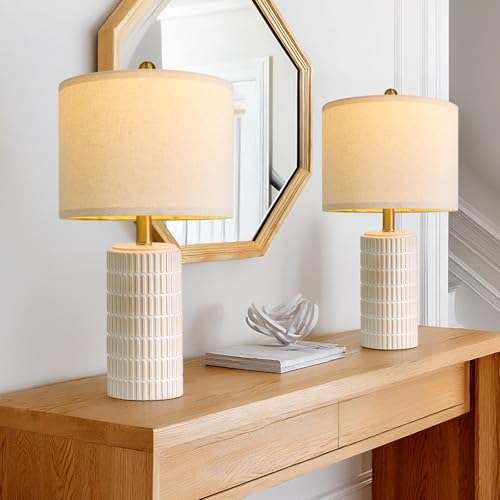 PoKat 20.75" Small Modern Ceramic Table Lamps Set of 2 for Bedroom, lampes de chevet blanches pour tables de nuit, lampes de bureau farmhouse décor maison cadeau, lampes de table de nuit pour salon table d’appoint beige