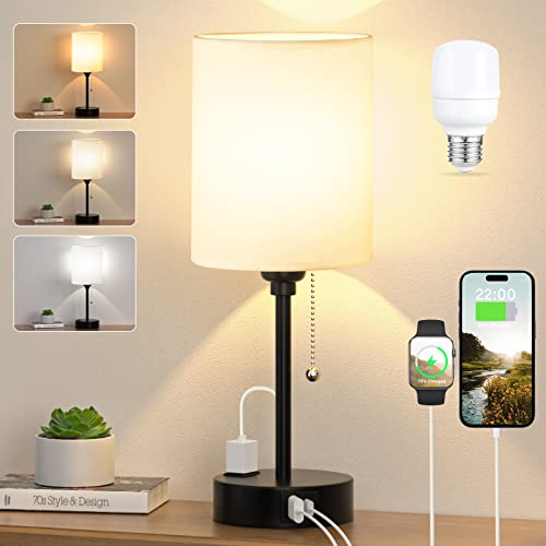 Small Bedside Table lamp for Bedroom - Lampes de chevet à 3 températures de couleur avec ports USB C et A, lampes de table à chaînette avec prise secteur, lampes de table de nuit blanches avec base en métal noir pour la lecture des enfants