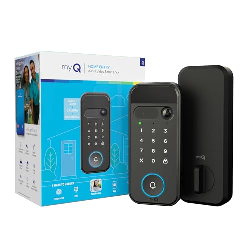 myQ Secure View™ 3-in-1 Smart Lock avec caméra de sonnette vidéo 2K HDR, accès par reconnaissance faciale, accès par empreinte digitale, code PIN et contrôle via l’application — entrée intelligente avec caméra intégrée, vision nocturne en couleur et audio bidirectionnel