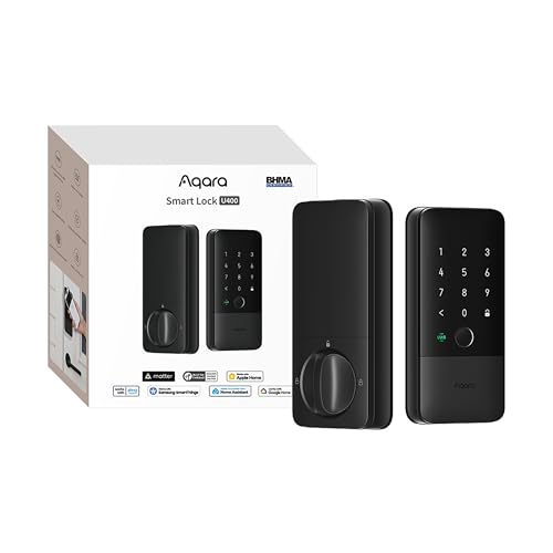 Aqara UWB Smart Lock U400, Matter Over Thread, Apple Home Key, pêne dormant à entrée sans clé avec empreinte digitale, clavier tactile, batterie rechargeable, compatible HomeKit, Alexa, Google, Home Assistant, noir