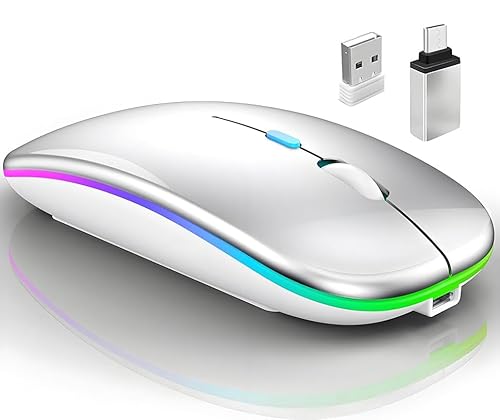 Qullqian Wireless Bluetooth Mouse for MacBook Air/Mac/Pro/Laptop/Computer/PC,Rechargeable Dual Mode Switch Mouse Bluetooth 5.2/3.0 and 2.4GHz USB Receiver (Silver)