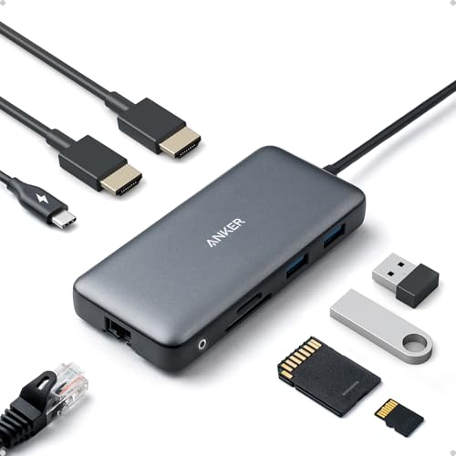 Anker Laptop Docking Station Dual Monitor, hub USB C 8-en-1, double écran 4K avec 2 HDMI, hub Ethernet 1 Gbps, alimentation 85W, lecteur de carte SD, pour XPS et plus (chargeur non inclus)