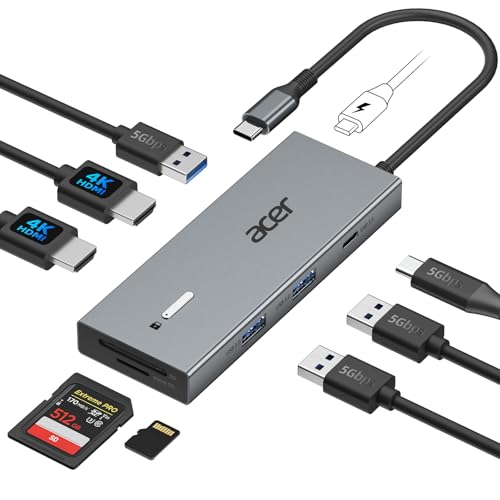 Acer USB C Docking Station Dual Monitor avec 2 HDMI, station d’accueil pour ordinateur portable 9-en-1 avec HDMI 4K@60Hz, USB A&C 3.0, SD/Micro SD, 100W PD, dock USBC compatible avec Acer/Dell XPS/HP/Mac/Surface (0.65FT)