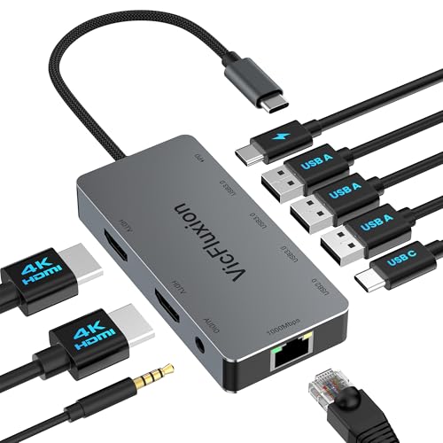 USB C Docking Station Dual Monitor, hub USB 9-en-1 avec 2 HDMI 4K@60HZ, 1×Ethernet 1000Mbps, 3× USB 3.0, 1× Type C, 1× charge PD, 1× audio 3.5mm, dock pour ordinateur portable/ordinateur/tablettes/Windows