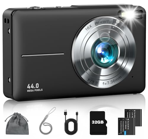 Digital Camera, FHD 1080P Point and Shoot Camera avec zoom 16X anti-shake, carte 32GB, petite caméra vidéo compacte cadeau pour enfants, adolescents, débutants, garçons et filles (Deep Black)