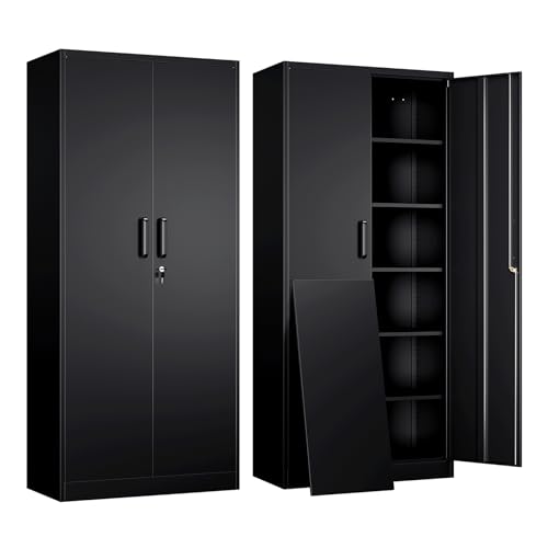 Yizosh Metal Garage Storage Cabinet avec 2 portes et 5 étagères réglables - armoire de classement verrouillable en acier de 71", armoires à outils verrouillables pour bureau, maison, garage, salle de sport, école (noir)