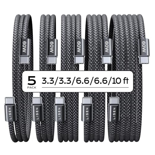 LISEN USB C to USB C Cable, 5-Pack [3.3/3.3/6.6/6.6/10FT]
