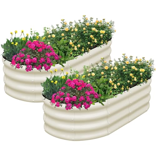 SnugNiture Galvanized Raised Garden Bed Outdoor, lot de 2 bacs de plantation ovales en métal 4x2x1ft pour planter des végétaux et des légumes, White