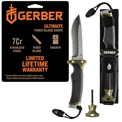 Gerber Gear Ultimate Survival Knife, couteau à lame fixe à tranchant mixte, comprend un allume-feu et une tige en ferro, un sifflet, un étui avec affûteur intégré - outil de bushcraft, de chasse et de camping