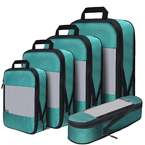 Compression Packing Cubes for Suitcases, 5 Set essentiels de voyage, sacs organisateurs de bagage légers, cubes de voyage pour bagage cabine (Green)