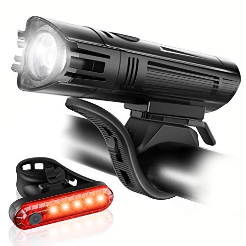 Ascher Ultra Bright USB Rechargeable Bike Light Set, puissant phare avant et feu arrière de vélo, 4 modes d’éclairage, facile à installer pour hommes et femmes, cyclisme sur route et en montagne, noir