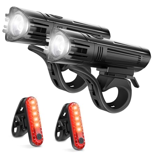 Ascher Ultra Bright USB Rechargeable Bike Light Set, puissant phare avant et feu arrière de vélo, 4 modes d’éclairage, facile à installer pour hommes et femmes, cyclisme sur route et en montagne, noir, lot de 2