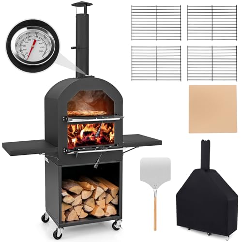 Giantex Pizza Oven Outdoor - four à pizza au feu de bois avec 2 tables latérales, pierre à pizza, pelle à pizza, housse, grilles de cuisson, machine à pizza sur roues pour grill extérieur, fête dans le jardin, camping