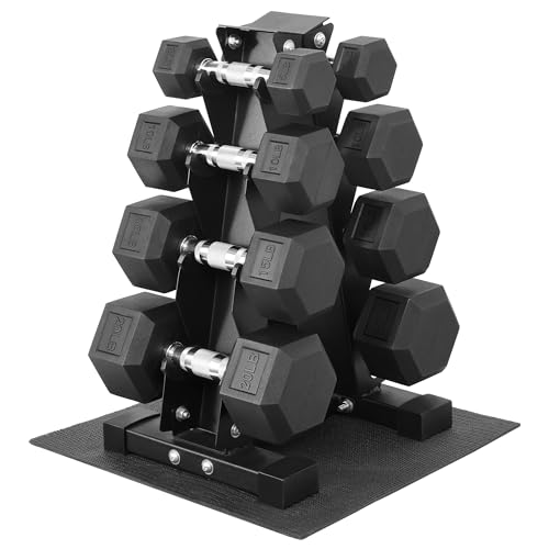Fitvids 100LB Rubber Coated Hex Dumbbell Weight Set with Storage Rack, poids libres 5-20LB avec poignée antidérapante pour home gym