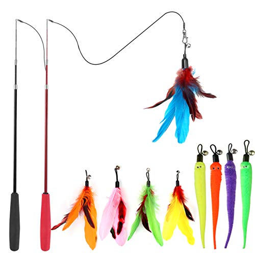 MeoHui Cat Toys for Indoor Cats, jouet interactif pour chat 2PCS jouet à baguette rétractable et 9PCS recharges de jouets plume pour chat, jouets amusants pour chaton, canne à pêche pour chat pour chats d’intérieur qui s’ennuient, poursuite et exercice