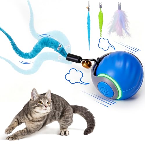 BABORUI Interactive Cat Toy Ball - jouets interactifs automatiques pour chats d’intérieur avec 3 queues, 2 vitesses, jouets de stimulation pour chat rechargeables pour chats petits/moyens/grands afin de les occuper (Blue)