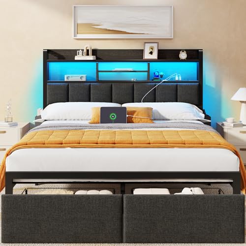 Furnulem Queen Bed Frame avec tiroirs de rangement, tête de lit rembourrée avec lumière LED et station de charge, cadre de lit plateforme métallique Queen Size, silencieux, sans sommier nécessaire, noir (capacité 1200 lbs)