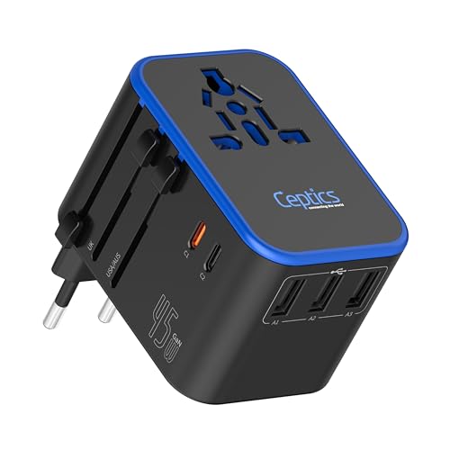 Ceptics Universal Travel Adapter, 45W International Power Adapter with PD & QC 3.0 Dual USB-C, 3 USB Travel Adapter Worldwide, Type I C G A Outlets - EU Euro US UK (11-KU)