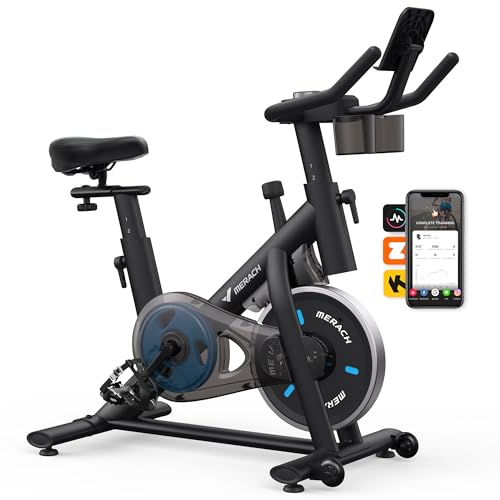 Merach Exercise Bike, Magnetic Friction Stationary Bike with Brake Pad and Exclusive App, Bicicleta de ciclismo indoor de bajo ruido con capacidad de peso de 300lbs, soporte para tableta y cursos de fitness para pérdida de peso