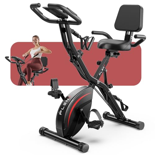 Pleny Folding Exercise Bike, Bicicletas estáticas 5 en 1 para casa, volante de inercia de 6.6 LBS, capacidad de peso de 330LB, cojín de apoyo para la espalda, bicicleta de ciclismo indoor para entrenamiento en casa, negro-rojo