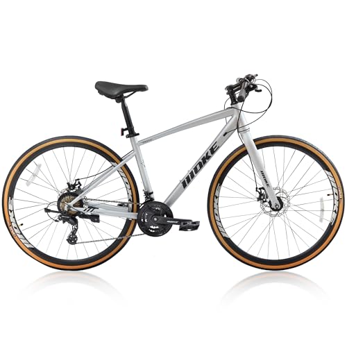 DEYGIA Hybrid Bike, bicicleta híbrida de rueda 700C de 24 velocidades con frenos de disco dobles, cambio de gatillo, cuadro con cableado interno, bicicleta urbana ligera para hombres, mujeres y adultos, talla S, plateado claro