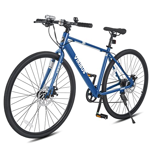 VIRIBUS Hybrid Bikes, bicicleta para hombres de 28 pulgadas con cuadro de aluminio ligero, bicicletas 700C para hombres, bicicletas híbridas vintage de 7 velocidades para desplazamientos urbanos, bicicleta de carretera para adultos para fitness, azul