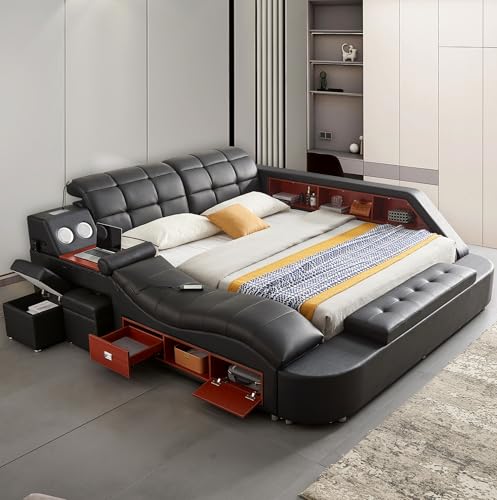 Multifunction Smart King Bed Frame, Luxury Upholstered Platform with Massage Recliner/Bluetooth Speaker/USB Charging Station/Storage Drawers, Leather Headboard/ Strong Wooden Slats, Black
