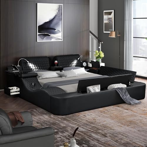 Wirktive Smart Bed with Massage Recliner Chair - Luxury Bed Frame King Size with Reading Light, USB Port and Speaker, Multifunctional Upholstered Bed Frame with Lift End Table and Storage Footrest