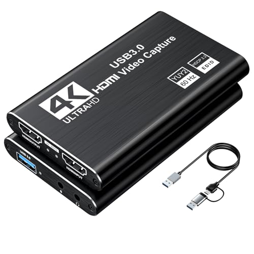 XIIXMASK Video Capture Card, capture card de audio y vídeo, capture card USB 3.0 4K HDMI loop-out, captura de videojuegos 1080P 60FPS/2K 30FPS para streaming, funciona con PS5/Switch/cámara/PC/OBS (Negra)