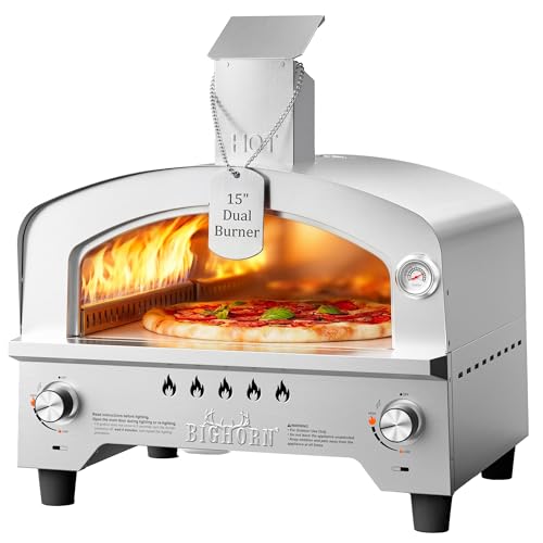 BIG HORN Gas Pizza Oven, Portable Propane Pizza Oven with 15 inch Pizza Stone, Stainless Steel Pizza Maker for Outdoor Cooking