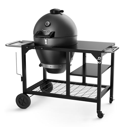 Brand-Man Charcoal Grill & Smoker Steel Kamado - 22" Cast Iron Grates, Grilling Basket, Large Prep Table Cart, Ideal for Outdoor Cooking
