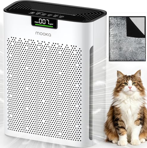 Air Purifier for Home Bedroom Large Room 2200 Ft², MOOKA H13 HEPA Air Cleaner with Washable Pre-filter, Air Quality Monitor, Air Purifiers for Pets Hair Smoke Pollen, Auto Mode, KJ190H White