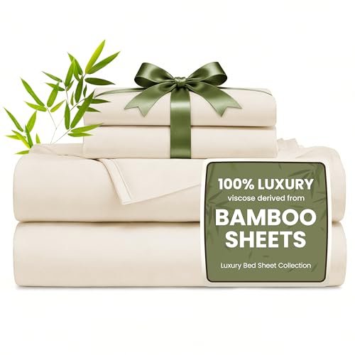 Love's cabin 4 Piece Queen Sheet Set, 100% Rayon Derived from Bamboo, Cooling & Breathable, Soft Silky Deep Pocket up to 16", Hotel Luxury Bedding for Hot Sleepers, Beige