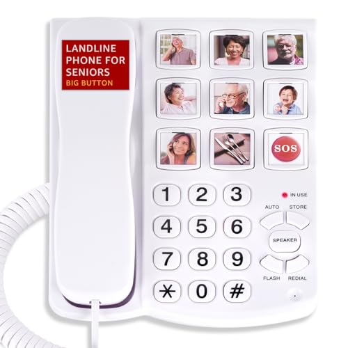 Uvital Big Button Phone para personas mayores, teléfono fijo con cable con 8 botones grandes de marcado con un toque y 1 botón SOS, llamadas manos libres, timbre potente, fácil de usar para personas mayores con problemas de audición y visión