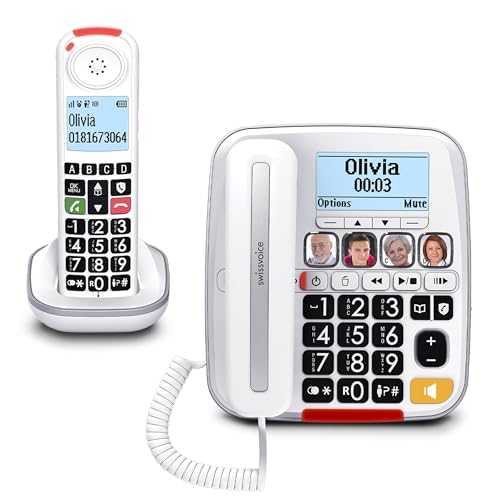 SWISSVOICE 3355 DECT 6.0 teléfono con cable de botones grandes para personas mayores con contestador automático y terminal inalámbrico adicional - teléfonos potentes para personas con problemas de audición - teléfonos compatibles con audífonos