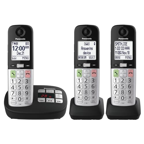 Panasonic Cordless Phone, fácil de usar con pantalla grande y botones grandes, tecla de favoritos parpadeante, linterna, bloqueo de llamadas, aumento de volumen, identificador de llamadas con voz, teléfonos para casa, 3 Handsets - KX-TGU433B