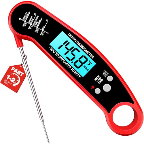Meat Thermometer Digital – Instant Read Food Thermometer para parrilla, BBQ, freidora de aire, ahumador, elaboración de caramelos con sonda plegable, gadgets de cocina, esenciales de BBQ, regalo para papá, hombres, esposo, él, rojo