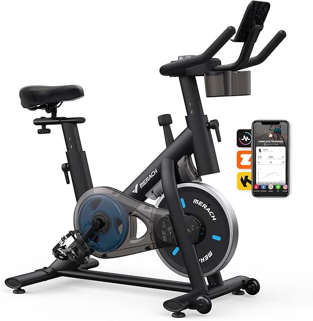 MERACH Exercise Bike front view with a sleek black design and tablet mount