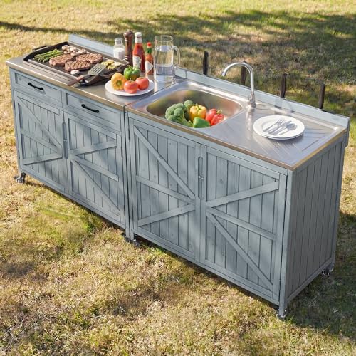 Merax 2 Piece Modular Outdoor Kitchen with sink and stainless steel top on wheels