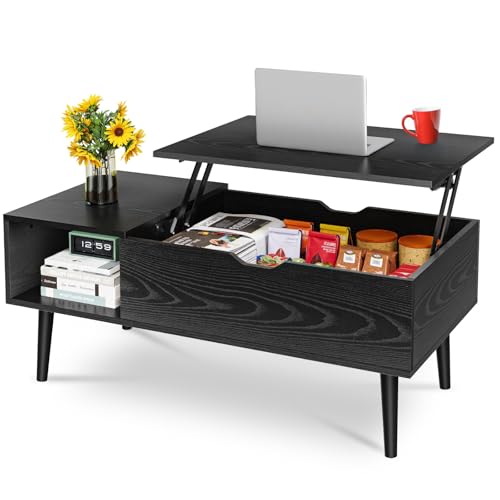 OLIXIS Wood Lift Top Coffee Table con compartimento oculto y gran estante de almacenamiento, mesa de centro con tapa elevable para comer en casa, sala de estar u oficina, Black