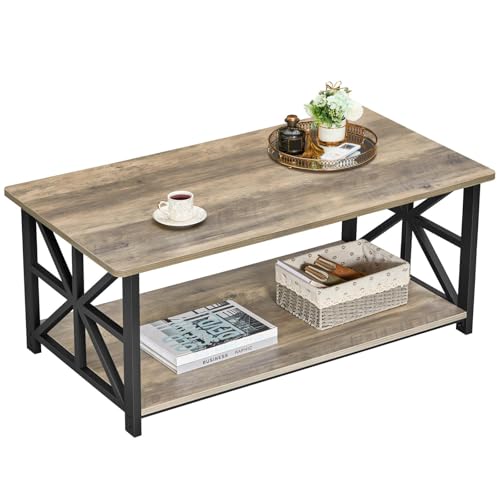 GreenForest Coffee Table para sala de estar con esquinas redondeadas, mesa central estilo farmhouse con estante de almacenamiento, 39 Inch, ahorro de espacio, montaje fácil, Gray Wash