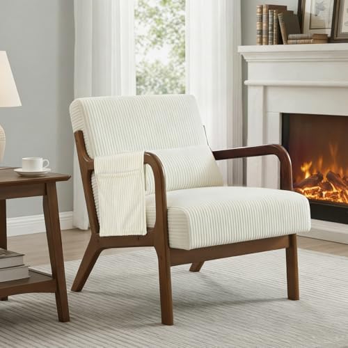 DUMOS Mid Century Modern Accent Chair, sillón tapizado con cojín lumbar y estructura de madera maciza, cómoda silla de lectura para sala pequeña, dormitorio, habitación de invitados, beige