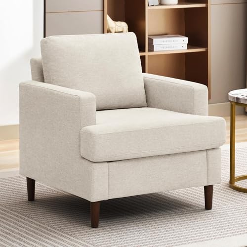 Weture Mid-Century Accent Chair, sillón moderno de tela de lino para sala de estar, cómodas sillas auxiliares tapizadas para lectura en dormitorio, silla individual con patas de madera (beige, 1 paquete)