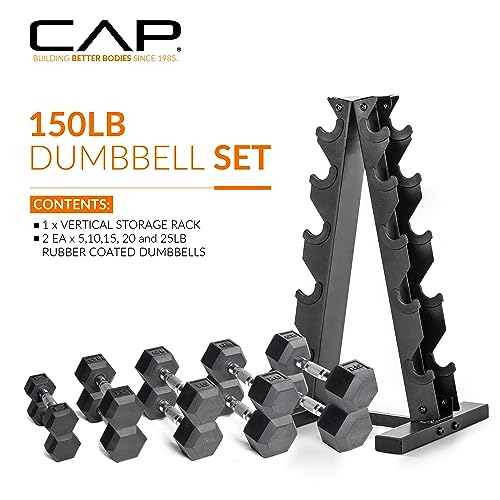 Rubber-coated hex dumbbells resting on vertical rack