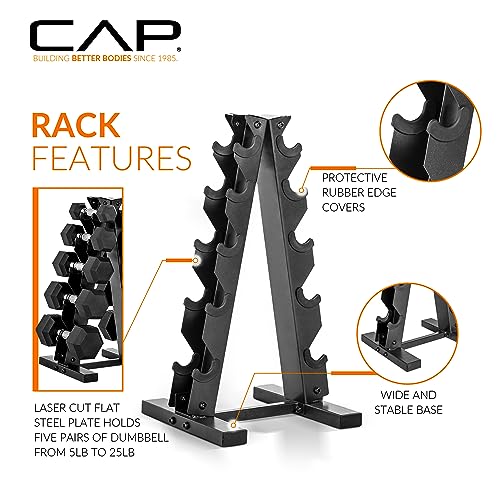 Vertical dumbbell rack with CAP Barbell weights in a home gym corner