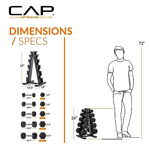 CAP Barbell dumbbells arranged neatly on the vertical rack in a home gym
