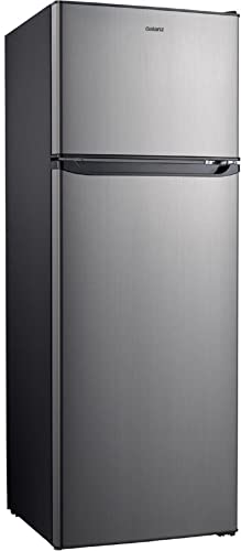 Galanz GLR12TS5F refrigerator in stainless steel showing compact top-mount design